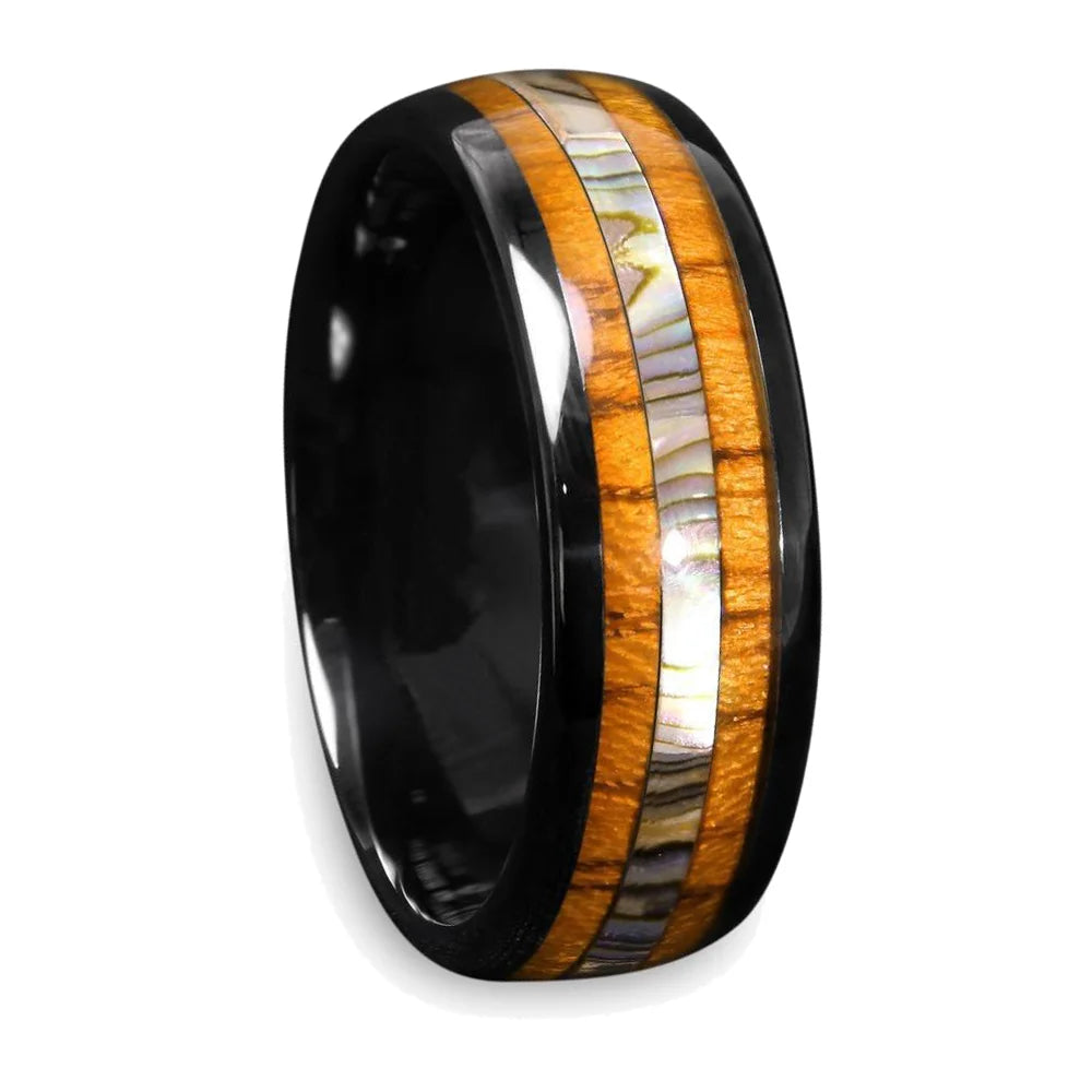Fashion 8mm Men's Black Stainless Steel Ring Colorful Abalone Shell Inlay Beveled Edged Titanium Ring Men's Wedding Band