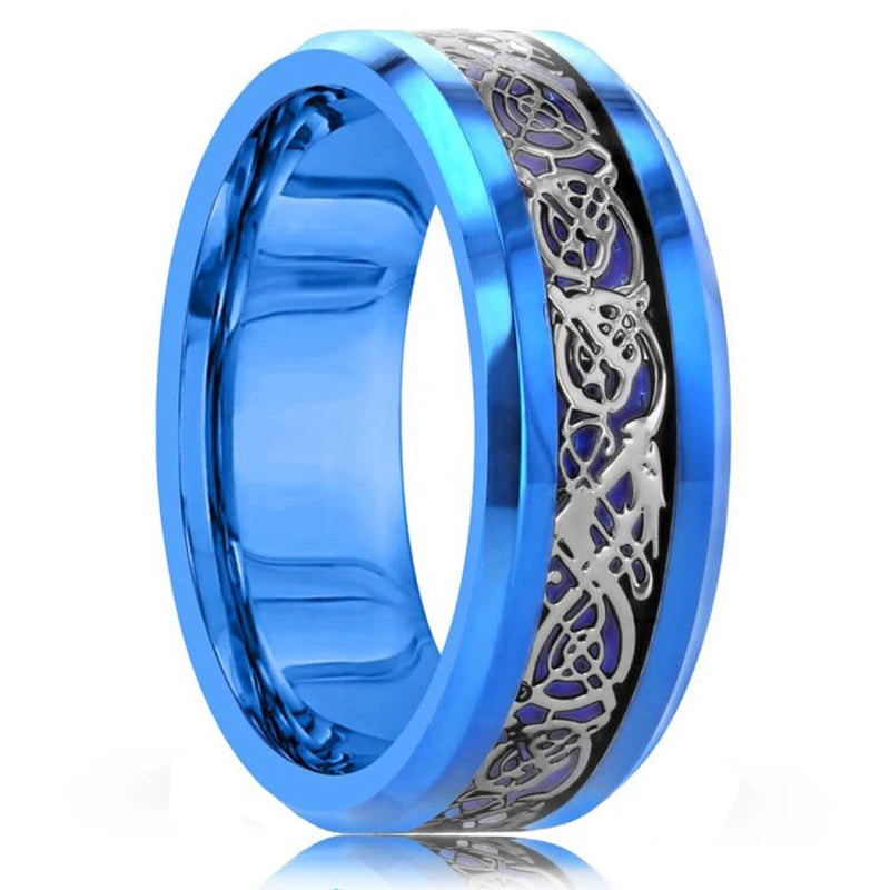 Fashion Men's 8mm Black Titanium Stainless Steel Celtic Dragon Rings Inlaid Blue Zircon Carbon Fibre Ring For Men Wedding Bands