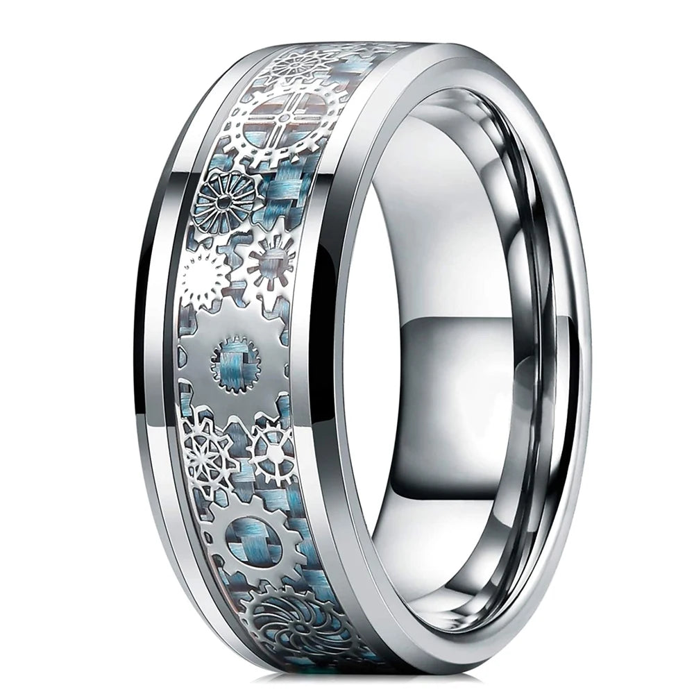 Classic Men's 8mm Black Tungsten Wedding Rings Double Groove Beveled Edge Brick Pattern Brushed Stainless Steel Rings For Men