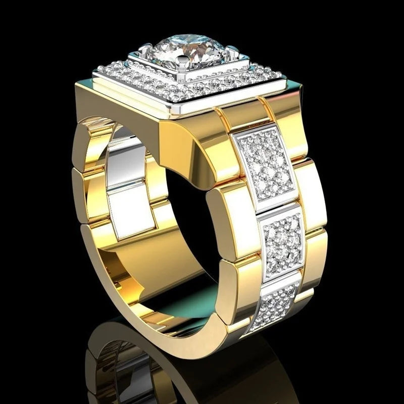 Luxurious Men's Full White Birthstone Crystal Rings Creative Watch Shaped Hip Hop Iced Out CZ Ring Luxury Wedding Band Jewelry