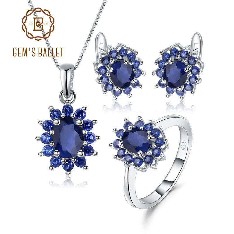 GEM'S BALLET 925 Sterling Silver Jewelry Set for Women Classic Princess Natural Blue Sapphire Pendant Earrings Ring Set