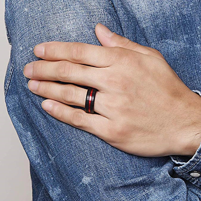 Fashion 8MM Men's Stainless Steel Rings Blue Red Colorful Groove Beveled Edge Wedding Engagement Ring Men's Anniversary Jewelry