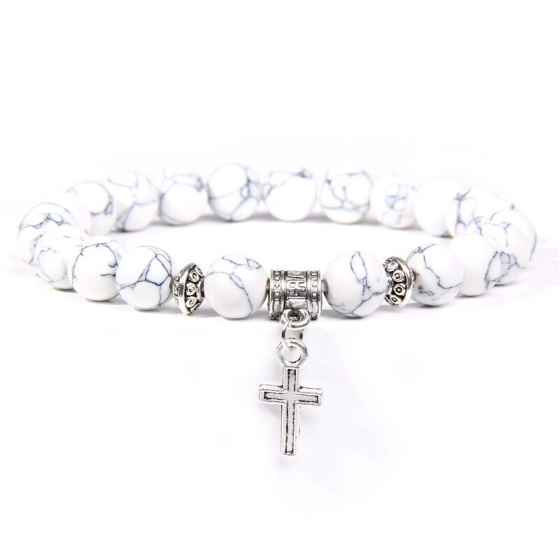 Natural Black Onyx Beads Bracelet Fashion Volcanic Lava Beaded Religion Cross Pendant Charm Bracelet for Women Men Yoga Jewelry Type 7
