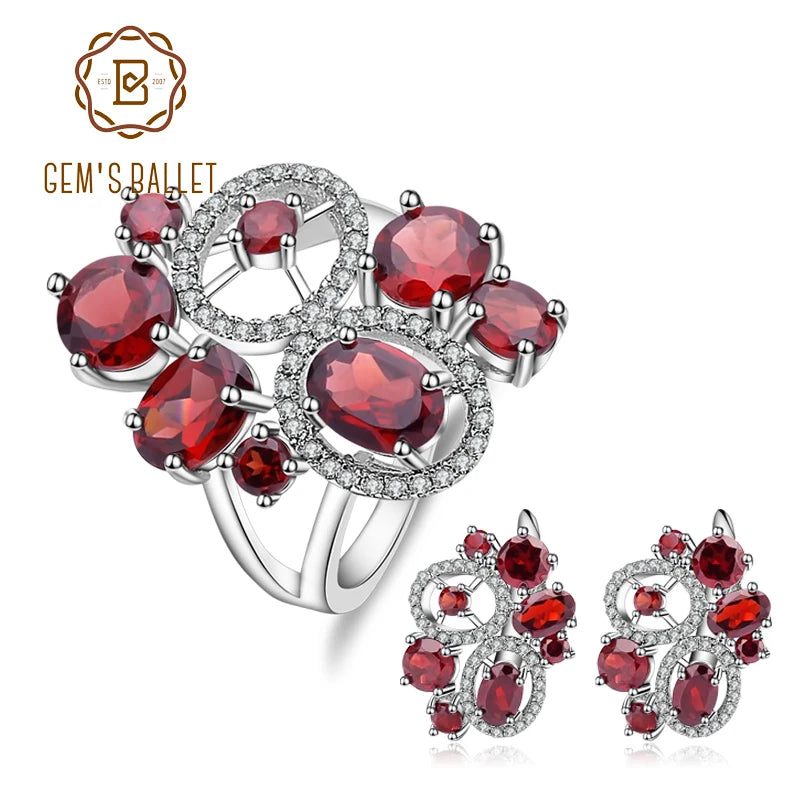 GEM'S BALLET Natural Red Garnet Vintage Flower Jewelry Set 925 Sterling Silver Gemstone Earrings Ring Set For Women Fine Jewelry United States