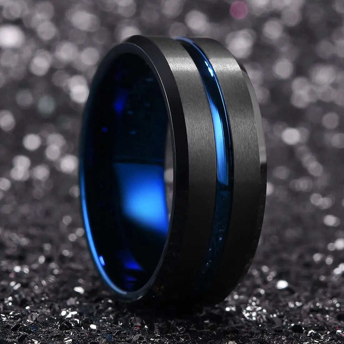 Classic Men's 8mm Black Tungsten Wedding Rings Double Groove Beveled Edge Brick Pattern Brushed Stainless Steel Rings For Men