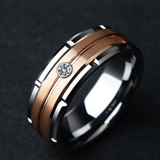Fashion 8mm Men's Double Groove Beveled Steel Ring Rose Gold Color Brushed Inlay AAA Zircon Ring Men's Wedding Band Jewelry Gift