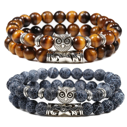 Pulseras de piedra desgastada con ojo de tigre de Lava negra, brazaletes clásicos con cuentas de búho, pulsera con dijes naturales para mujeres y hombres, joyería de yoga