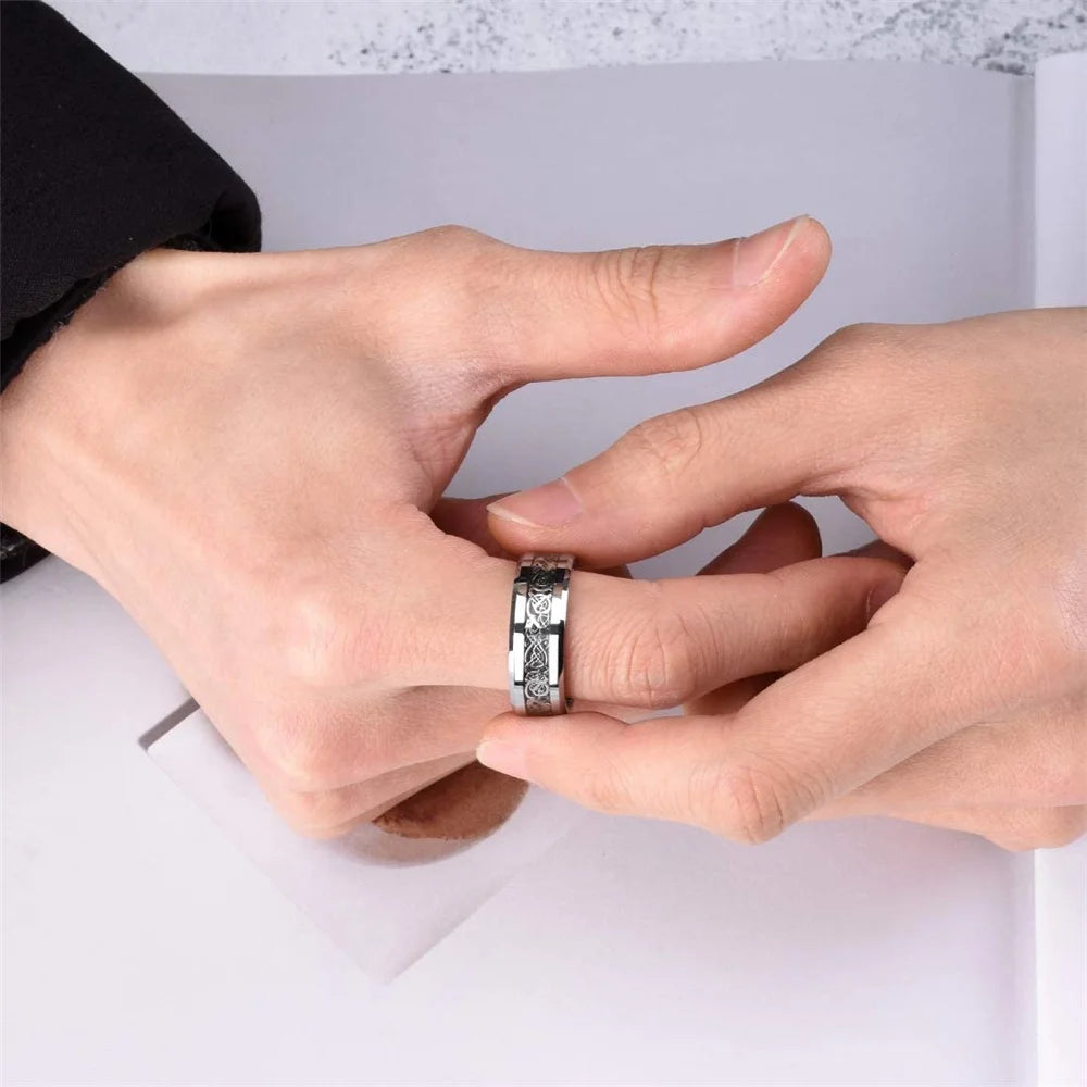 21 Colors 8mm Men's Stainless Steel Celtic Dragon Ring Inlay Red Green Black Carbon Fiber Ring Wedding Band Jewelry Size 6-13