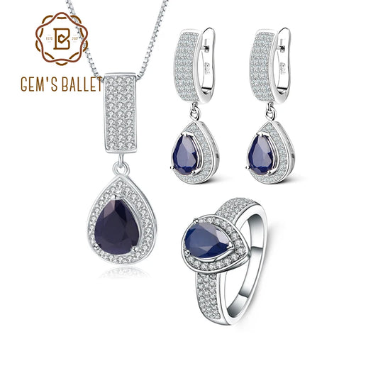 GEM'S BALLET Classic Natural Blue Sapphire Gemstone Jewelry Set 925 Sterling Silver Pendant Earrings Ring Set For Women CHINA