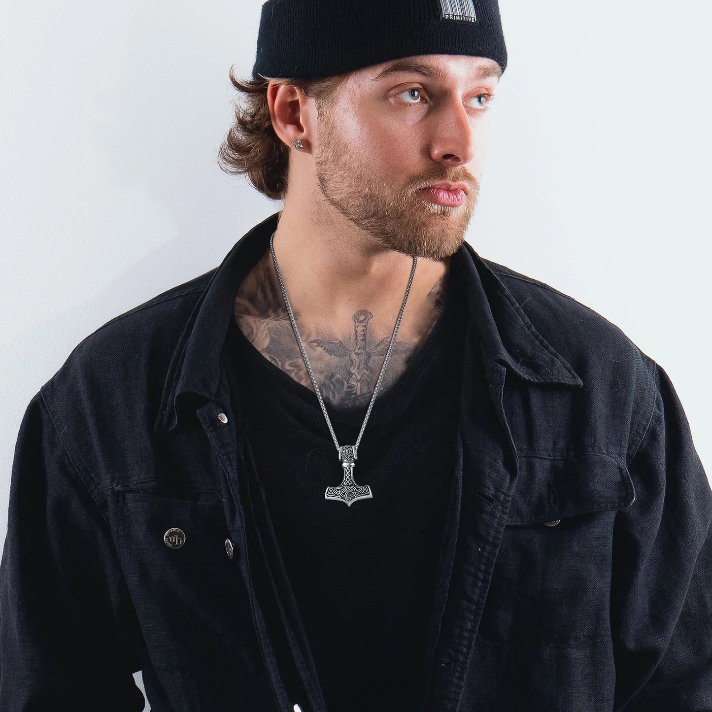 Vnox Vintage Men Norse Viking Necklaces,Rock Punk Retro Thor Mjolnir Hammer Pendant,Scandinavian Nodic Amulet Rune Neck Jewelry
