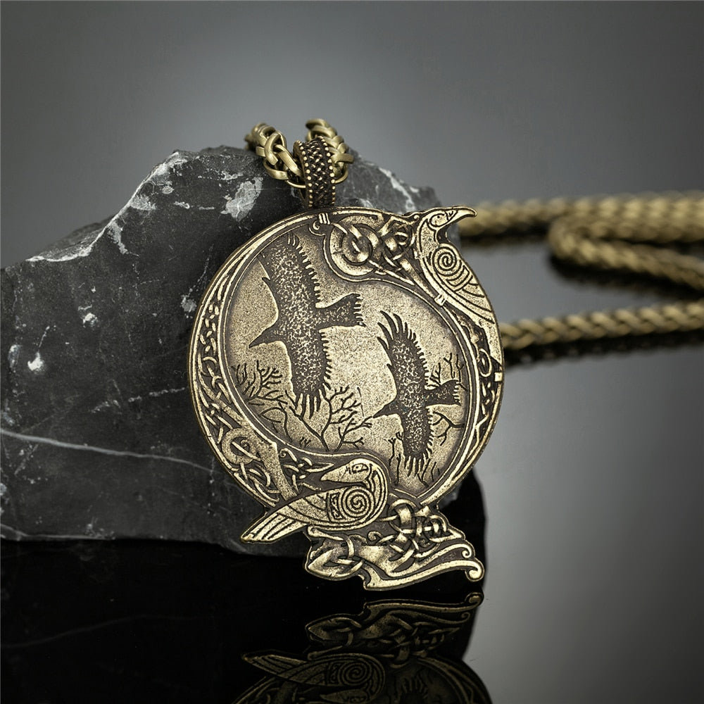 Vikings Odin&#39;s Raven Necklaces Men Norse Vegvisir Amulet Antique Bronze Metal Pendant Crow Scandinavian Punk Gothic Male Jewelry Bronze Chain 60CM