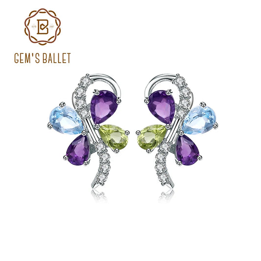 GEM'S BALLET Sky Blue Topaz Amethyst Peridot Mix Gemstone 925 sterling silver Clip Earrings For Women Romantic Fashion CHINA