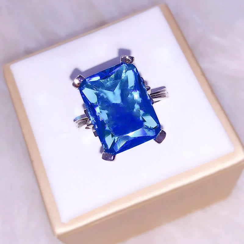 Cellacity Simple Luxury Geometry Sapphire Ring for Women Gorgeous Silver 925 Jewelry with Rectangular Gemstones Leaf Wedding