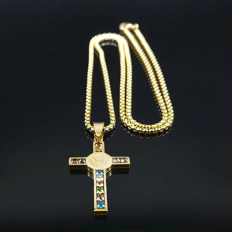 Catholic Jesus Cross Stainless Steel Necklace Saint Benedict Crystal Virgin Mary Pendant Crucifix Male Necklaces Jewelry Cruz