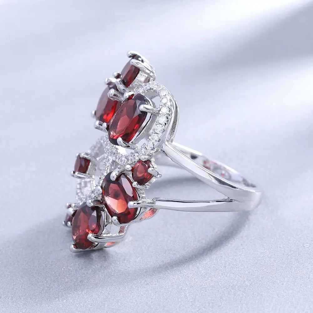 GEM'S BALLET Natural Red Garnet Vintage Flower Jewelry Set 925 Sterling Silver Gemstone Earrings Ring Set For Women Fine Jewelry