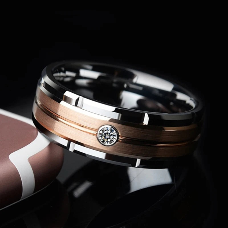 Fashion 8mm Men's Double Groove Beveled Steel Ring Rose Gold Color Brushed Inlay AAA Zircon Ring Men's Wedding Band Jewelry Gift