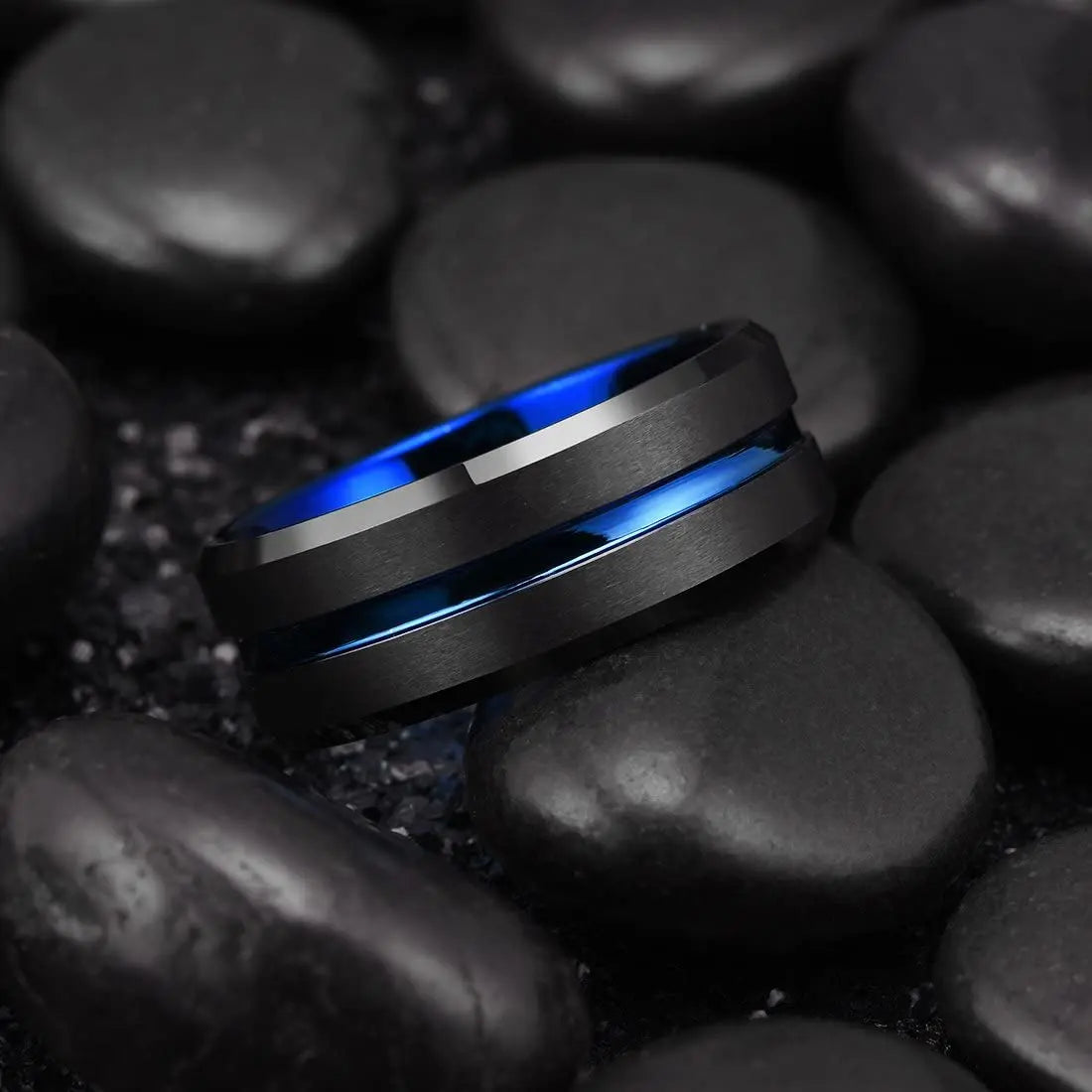 Classic Men's 8mm Black Tungsten Wedding Rings Double Groove Beveled Edge Brick Pattern Brushed Stainless Steel Rings For Men