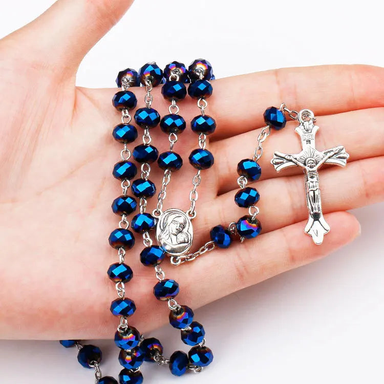 Cross Pendant Necklace Virgin Holy Christ Rosary Necklaces for Women Men Purple Crystal Beaded Catholic Prayer Jewelry Rosaries