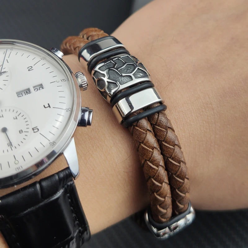Brown Luxury 316L Stainless Steel Irregularly Cracked Man Bracelet Genuine Braided Leather Men's Jewelry Items