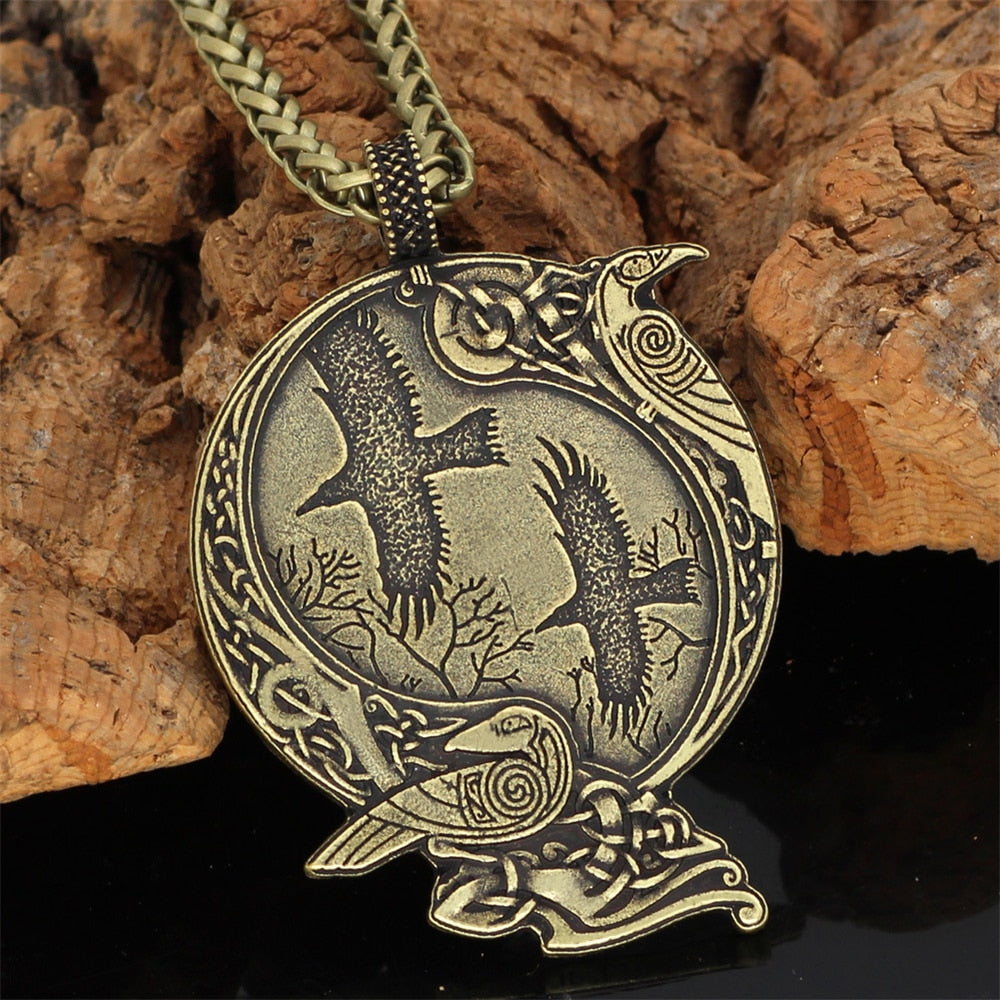 Vikings Odin&#39;s Raven Necklaces Men Norse Vegvisir Amulet Antique Bronze Metal Pendant Crow Scandinavian Punk Gothic Male Jewelry