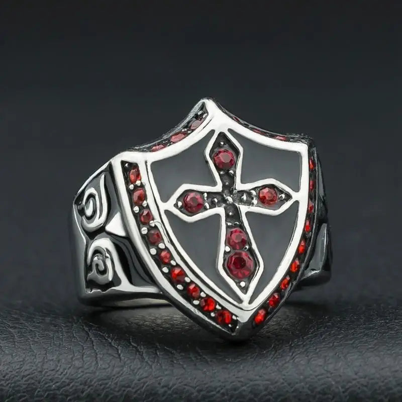 Fashion Personality Templar Knight Red Shield Cross Ring for Men High Quality Metal Ring Trend Jewelry