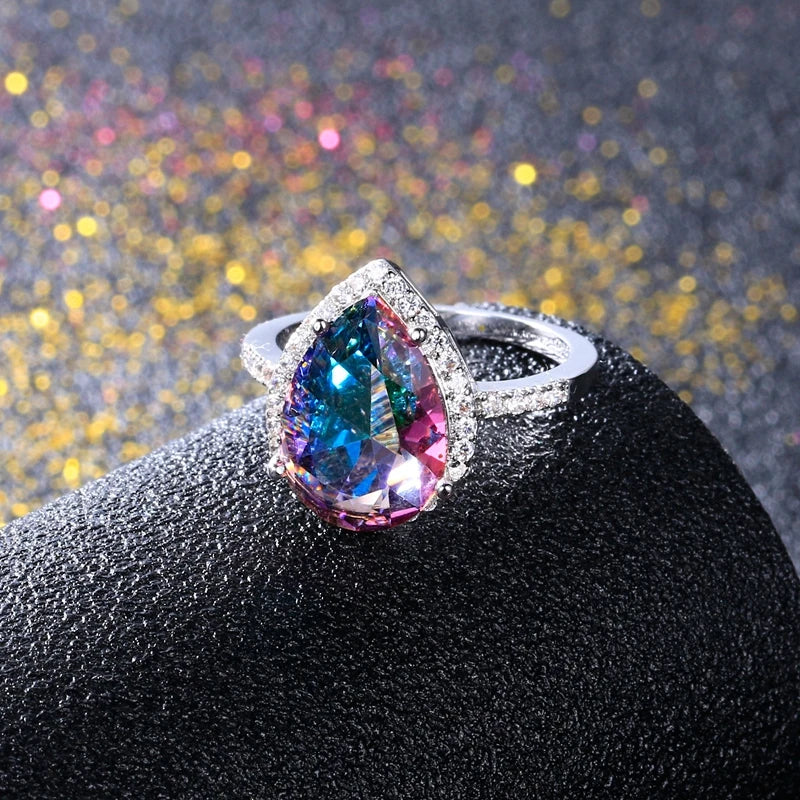 Ladies Jewelry S925 Silver Ring Mystical Rainbow Topaz Dripping Ring Wedding Jewelry Party Valentine's Day Ring Gift Wholesale