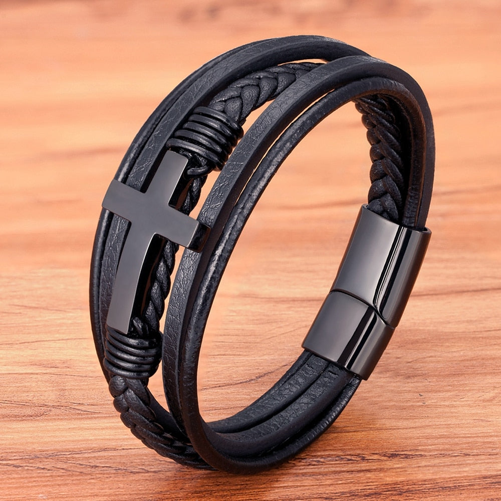 TYO Classic Style Cross Men Bracelet Multi-Layer Stainless Steel Leather Bangles Magnetic Clasp For Friend Fashion Jewelry Gift Black