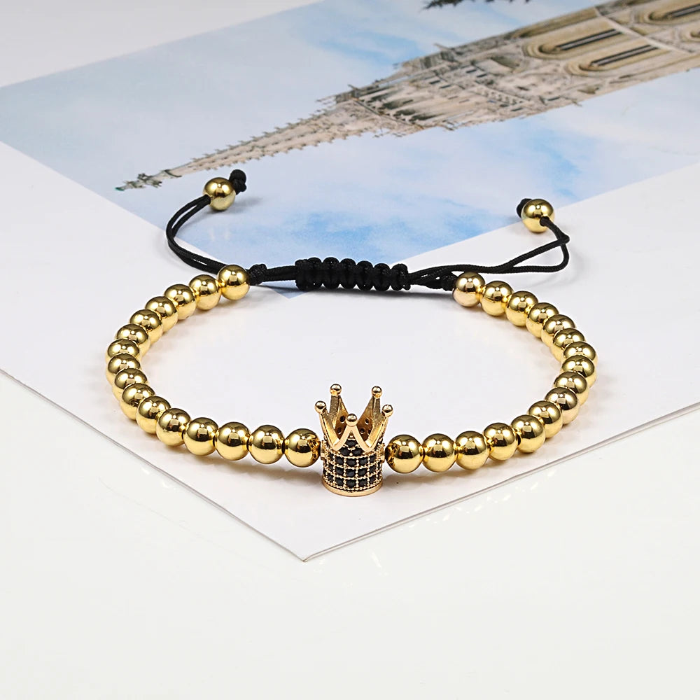 New Couple Bead Bracelet Micro CZ Crown Braided Bracelets For Men Women Adjustable Bangles His Hers Hand Jewelry Lover DIY Gifts