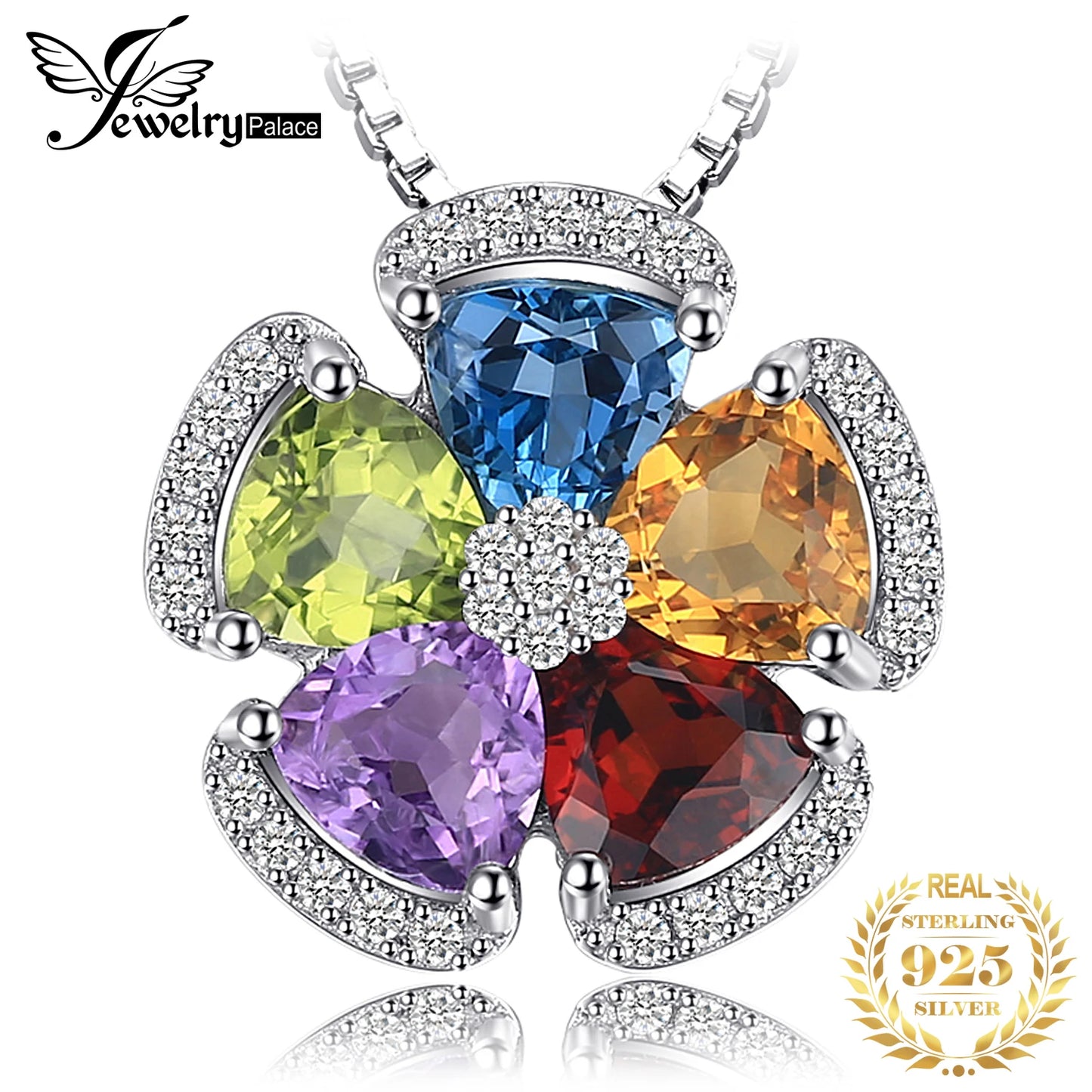 JewelryPalace 2.6ct Genuine Blue Topaz Amethyst Citrine Garnet Peridot 925 Sterling Silver Pendant Necklace for Woman No Chain