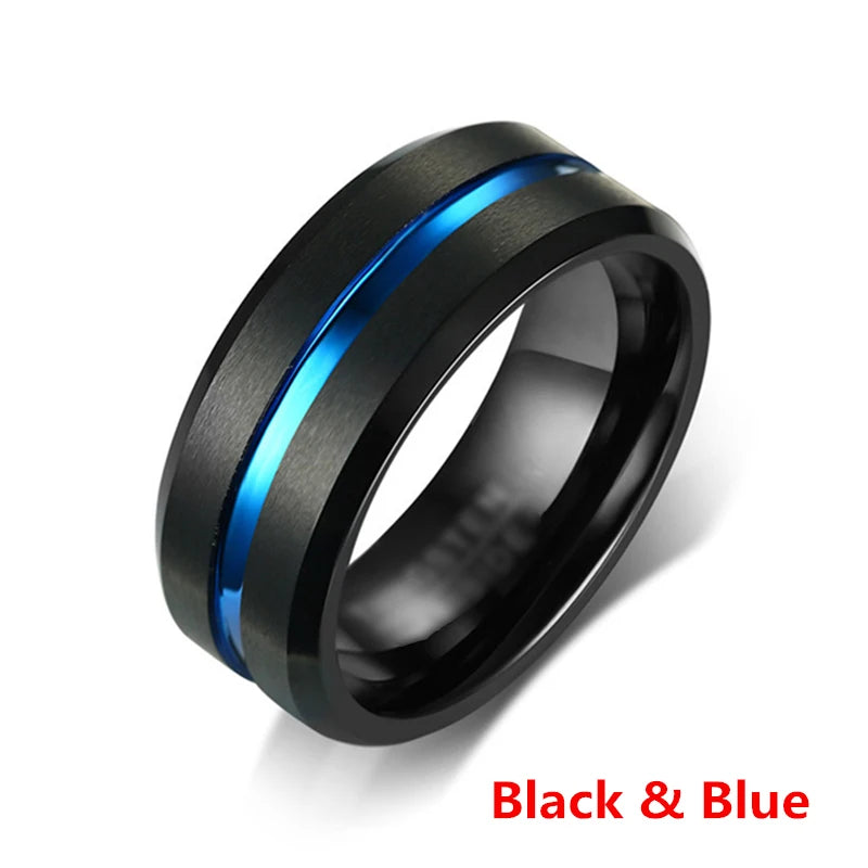 Fashion 8MM Men's Stainless Steel Rings Blue Red Colorful Groove Beveled Edge Wedding Engagement Ring Men's Anniversary Jewelry