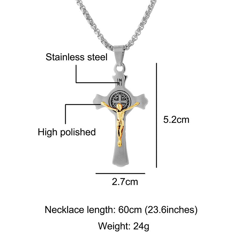 INRI Jesus Cross Necklaces Pendants Stainless Steel Exorcism St. Benedict Crucifix Necklace For Men Jewelry