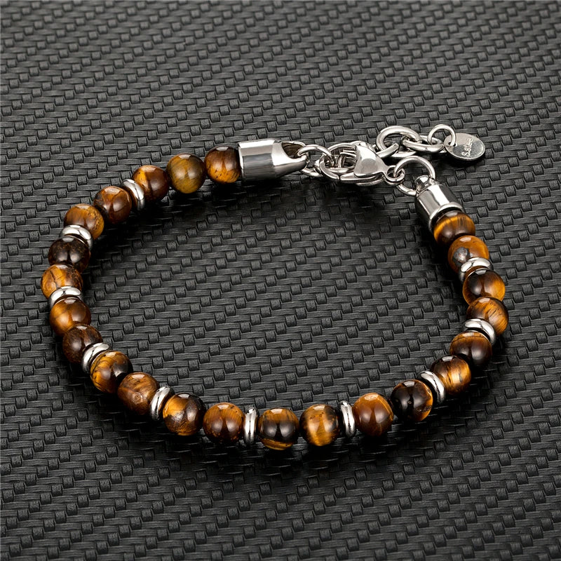 6mm Tiger Eye Beads Strand Bracelets Men Women Charm Stainless steel Chain Colorful Natural Stone Bracelet Male Jewelry Gift New