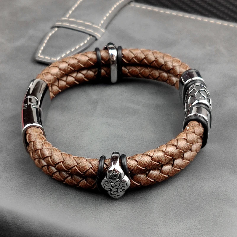 Brown Luxury 316L Stainless Steel Irregularly Cracked Man Bracelet Genuine Braided Leather Men's Jewelry Free Shipping Items