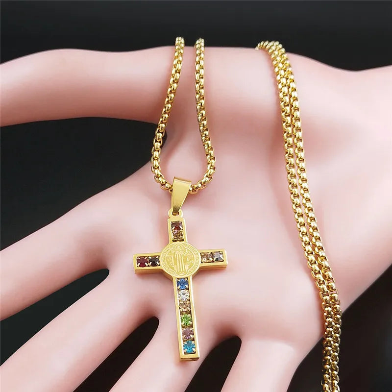 Catholic Jesus Cross Stainless Steel Necklace Saint Benedict Crystal Virgin Mary Pendant Crucifix Male Necklaces Jewelry Cruz