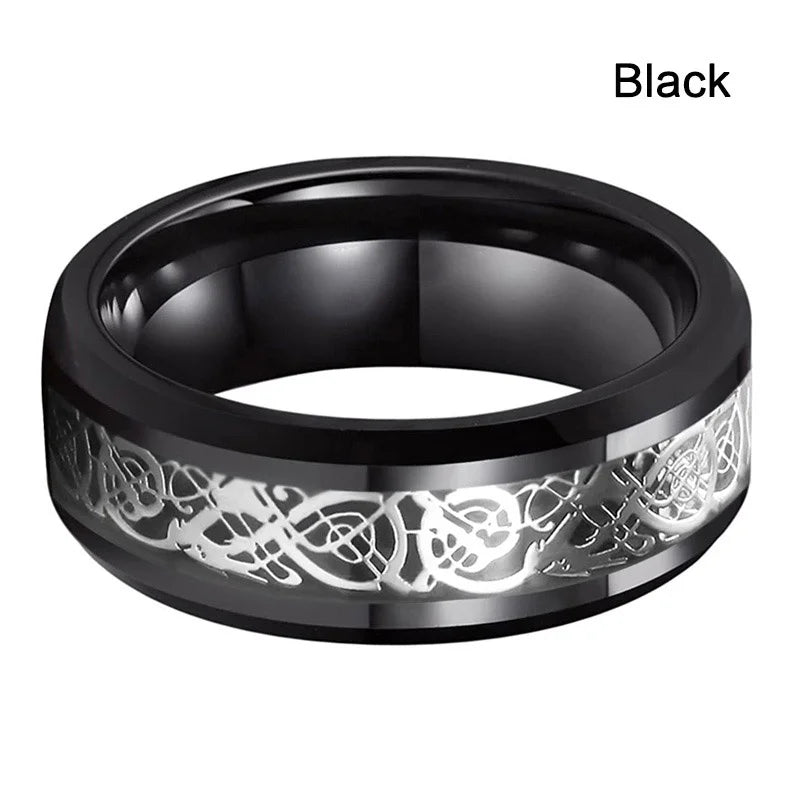 21 Colors 8mm Men's Stainless Steel Celtic Dragon Ring Inlay Red Green Black Carbon Fiber Ring Wedding Band Jewelry Size 6-13