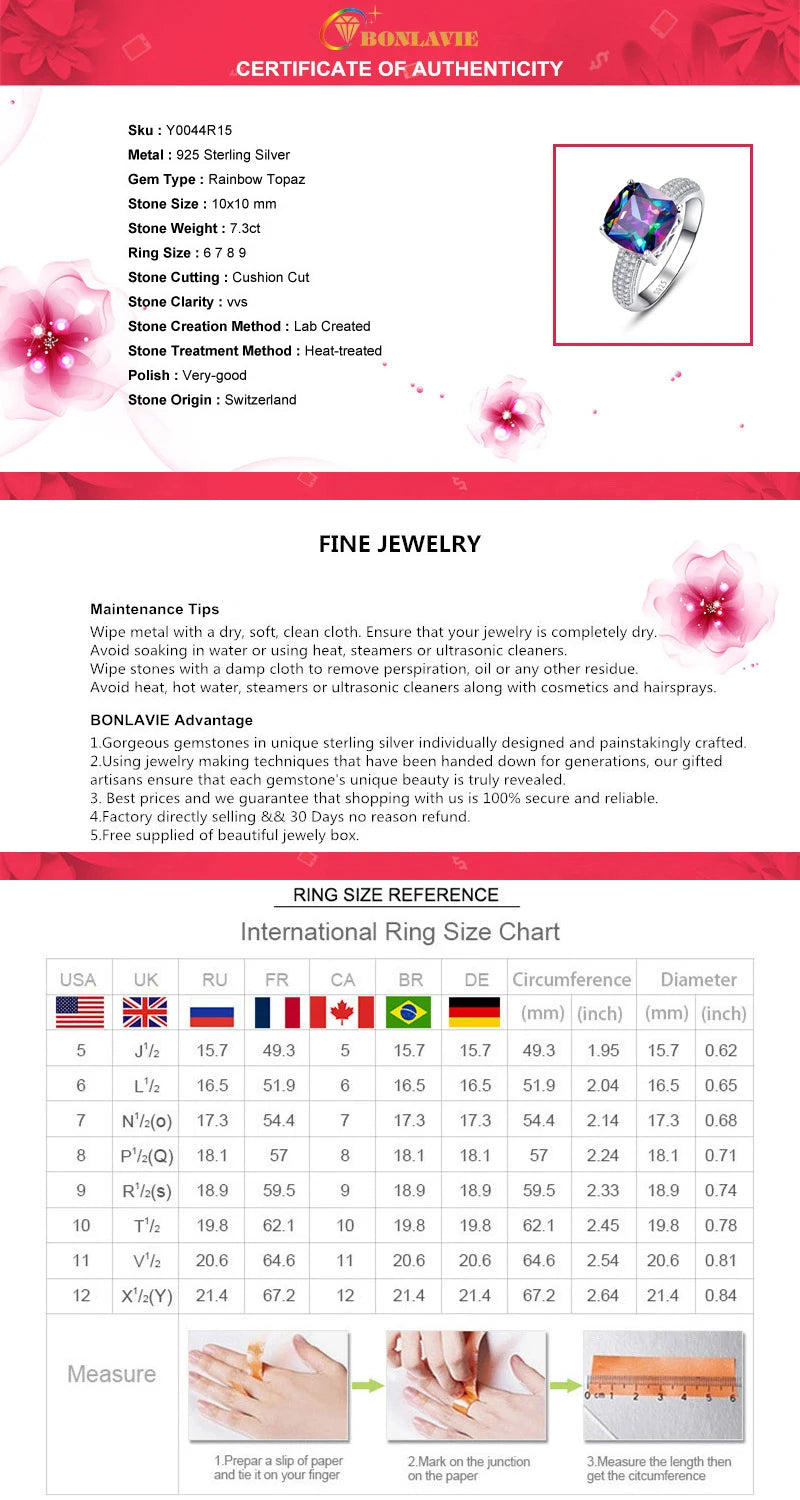 BONLAVIE Luxury 7.3ct Rainbow Fire Mystic Topazs Ring With AAA Crystal S925 Sterling Silver Jewelry Charm For Women Gift