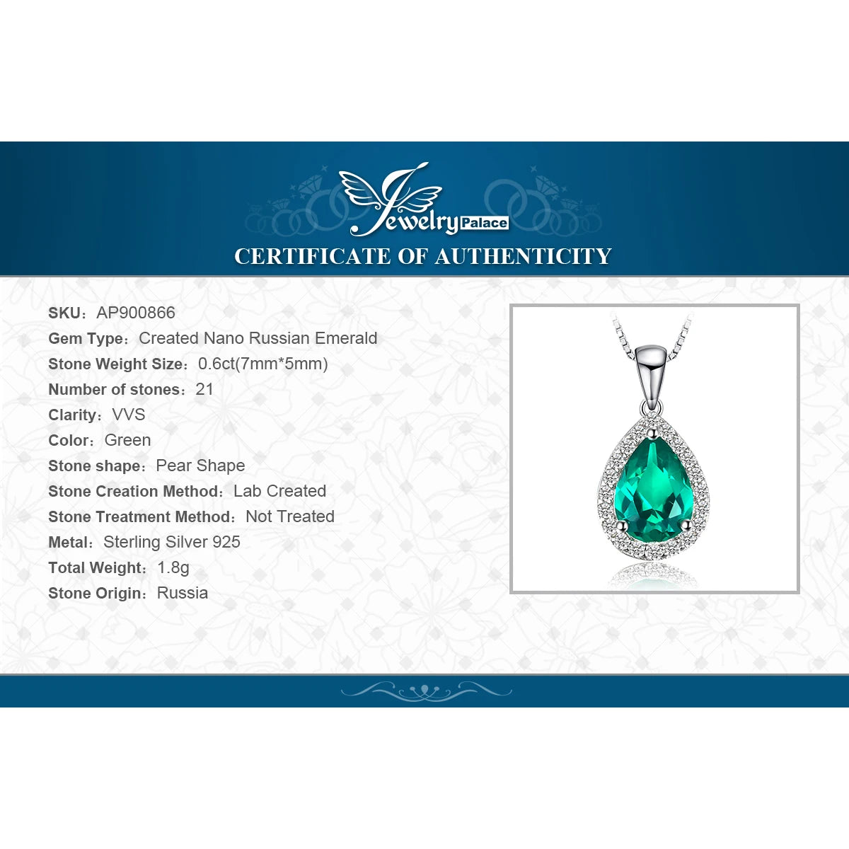 JewelryPalace Pear Simulated Nano Emerald 925 Sterling Silver Pendant Necklace Gemstone Statement Necklace Women Without Chain