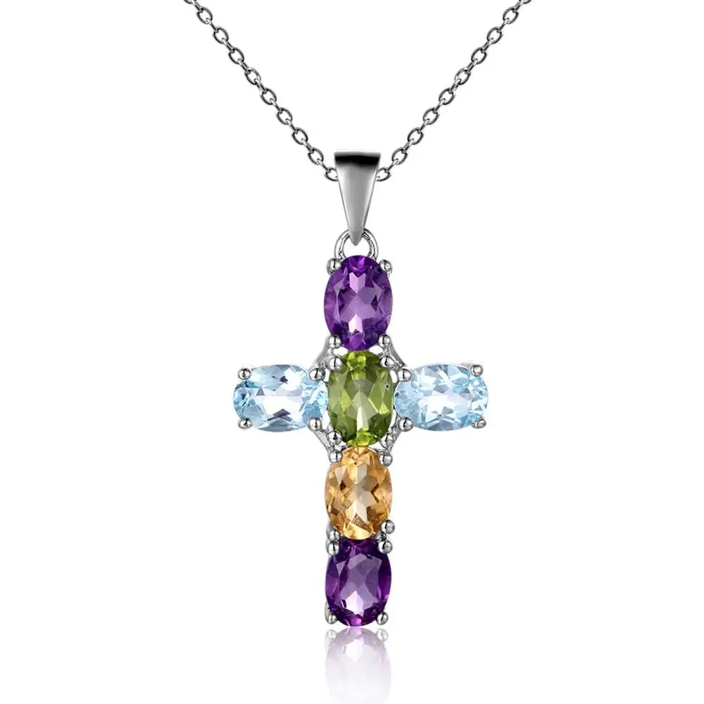 GEM'S BALLET 925 Sterling Silver Cross Necklace For Women Natural Amethyst Topaz Gemstone Pendant Necklace Fine Jewelry 2021 NEW Mix Gemstone 45cm CHINA