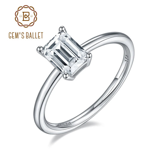 GEM'S BALLET 925 Sterling Silver Rings 1.0Ct 2.0Ct Emerald Cut Moissanite Solitaire Engagement Ring For Women Gift For Her