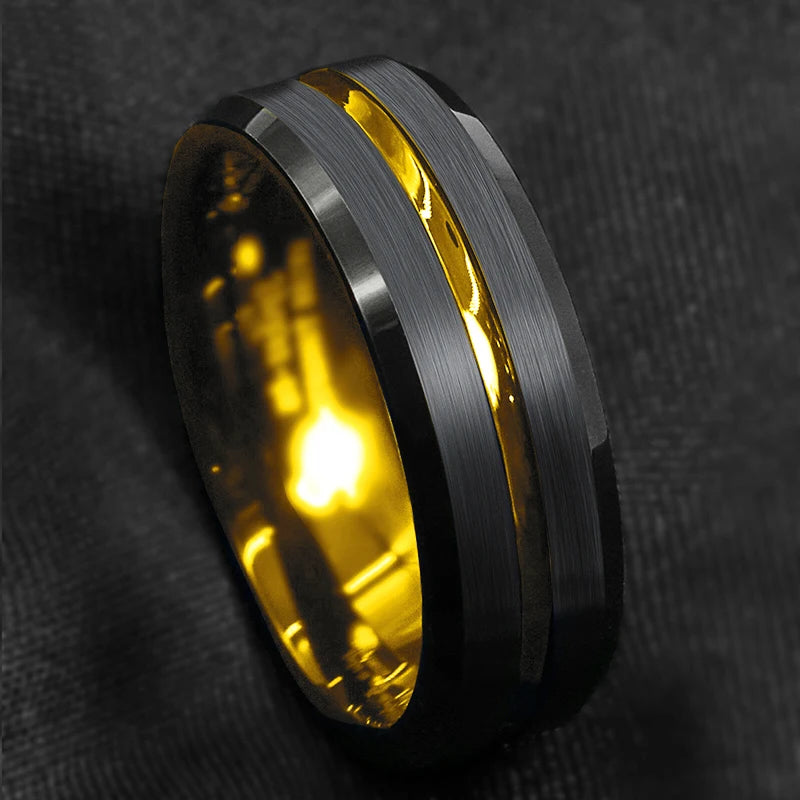 Fashion 8mm Black Polished Finish Tungsten Wedding Ring For Men Inlaid Zirconia Stainless Steel Engagement Ring Men Wedding Band