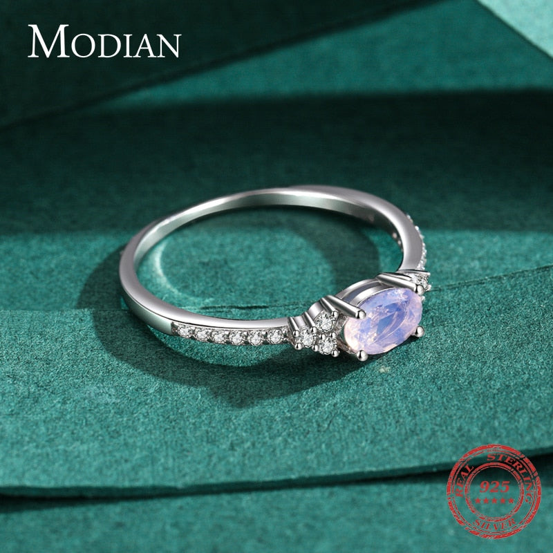 MODIAN 925 Sterling Silver Pink MoonStone Elegant Stackable Finger Ring Eternity Bands for Women Christmas Gifts Fine Jewelry