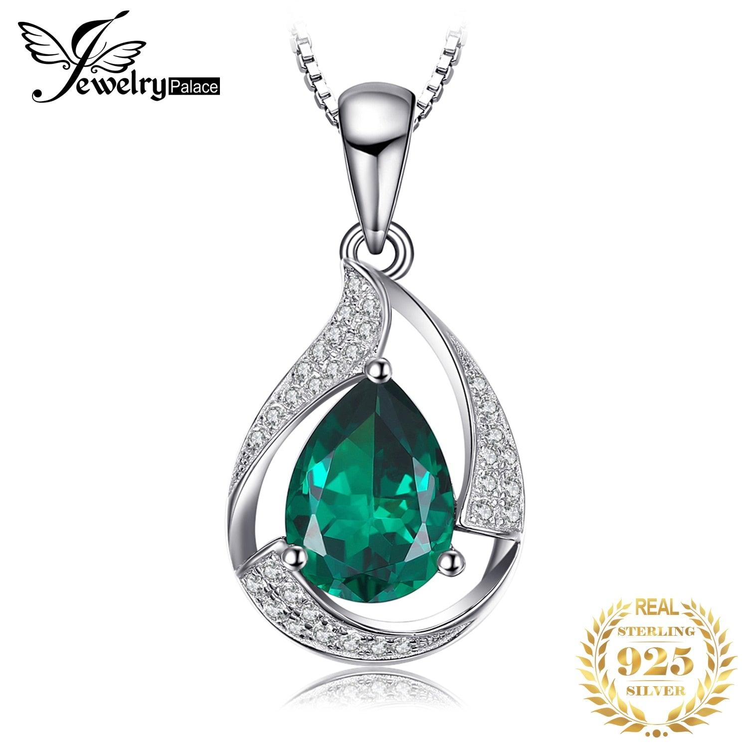 JewelryPalace 3ct Green Simulated Nano Emerald 925 Sterling Silver Pendant Necklace for Women Pear Gemstones Choker No Chain