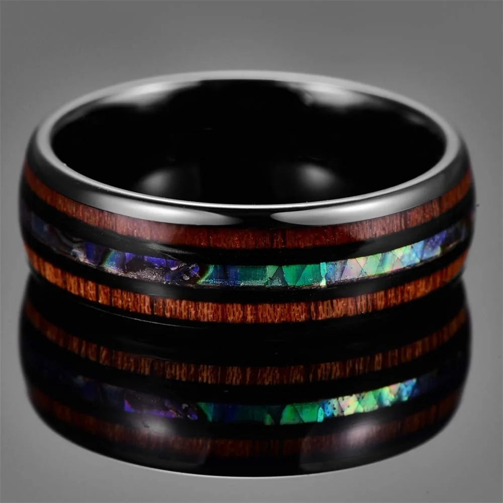 2025 Trendy 8mm Black Titanium Wedding Stainless Steel Rings For Men Inlay Colorful Abalone Shell Ring Men Wedding Band Jewelry