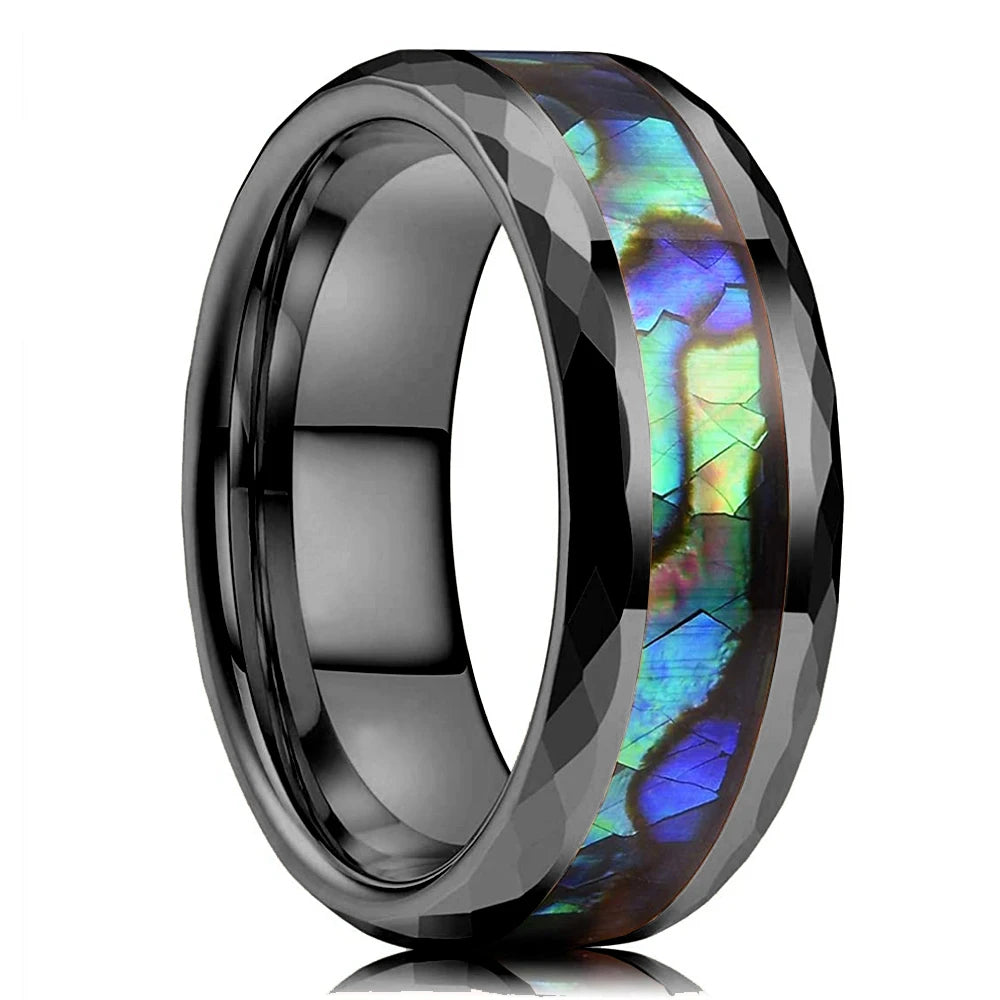 2025 Trendy 8mm Black Titanium Wedding Stainless Steel Rings For Men Inlay Colorful Abalone Shell Ring Men Wedding Band Jewelry