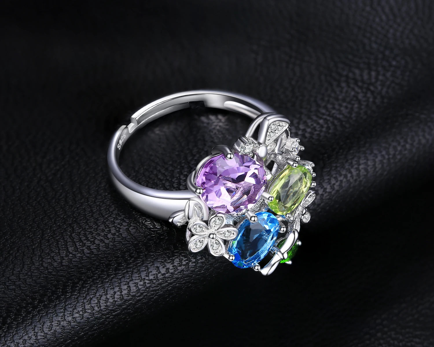 JewelryPalace Flower Natural Amethyst Blue Topaz Peridot Chrome Diopside Open Adjustable Cocktail Ring 925 Sterling Silver Women