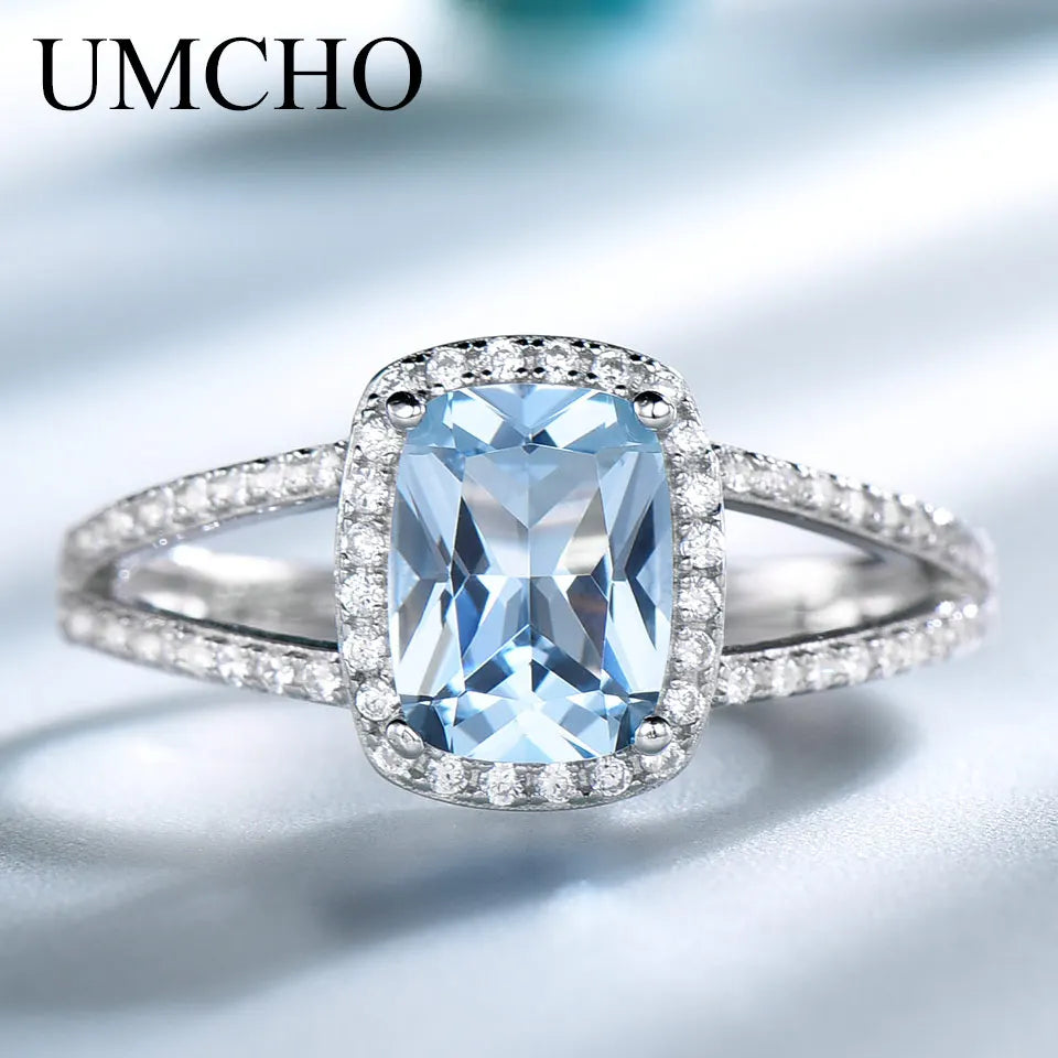 UMCHO Genuine Sterling Silver Rings For Women Engagement Nano Sky Blue Topaz Ring Silver 925 Gemstones Jewelry