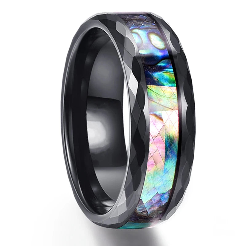 2025 Trendy 8mm Black Titanium Wedding Stainless Steel Rings For Men Inlay Colorful Abalone Shell Ring Men Wedding Band Jewelry
