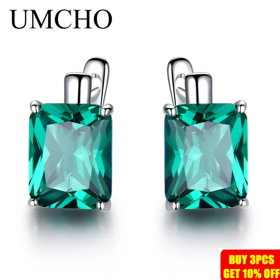 UMCHO Luxury Emerald Gemstone Clip Earrings for Women Genuine 925 Sterling Silver Jewelry Green Gemstone Fashion Wedding Gift