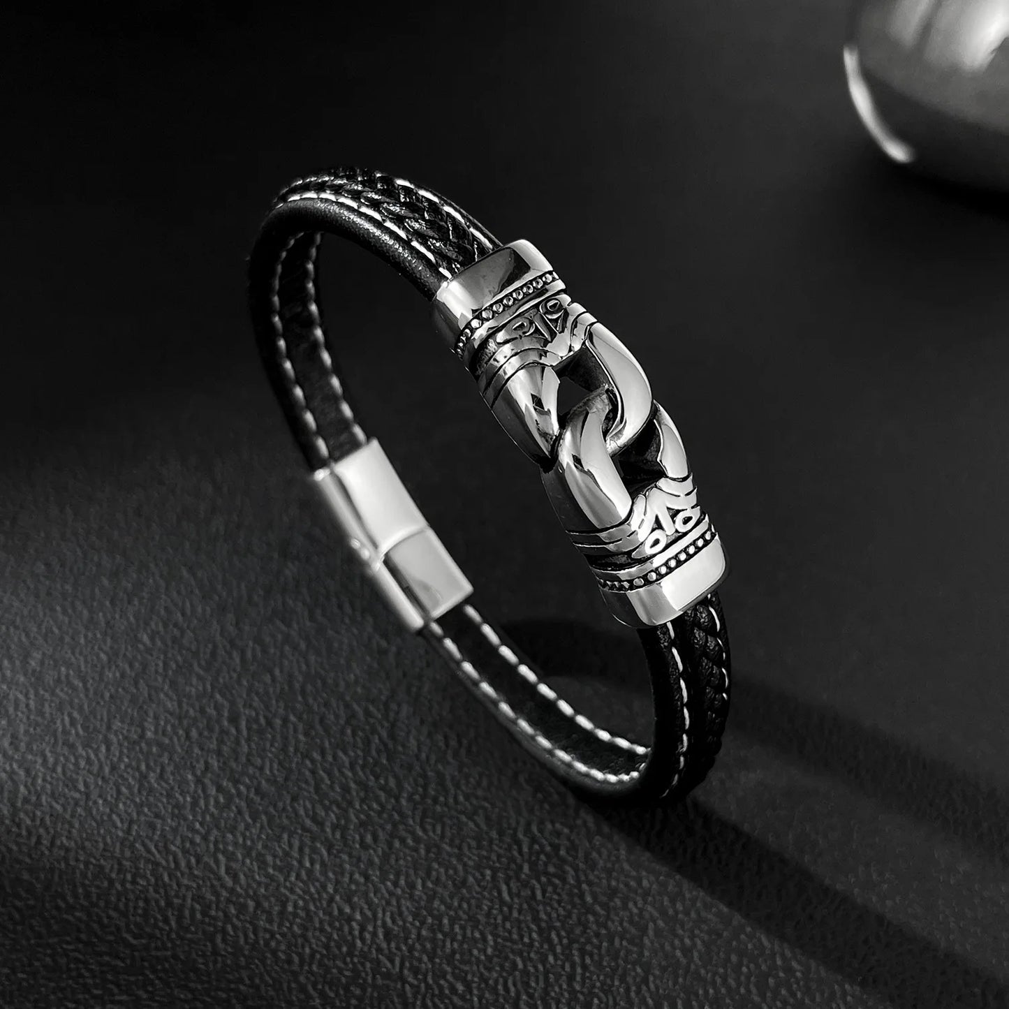 Personality Wristband Leather Bracelets Punk Style Black Bracelet Man Retro Stainless Steel Yiwu Jewelry Wholesale ALN25122887