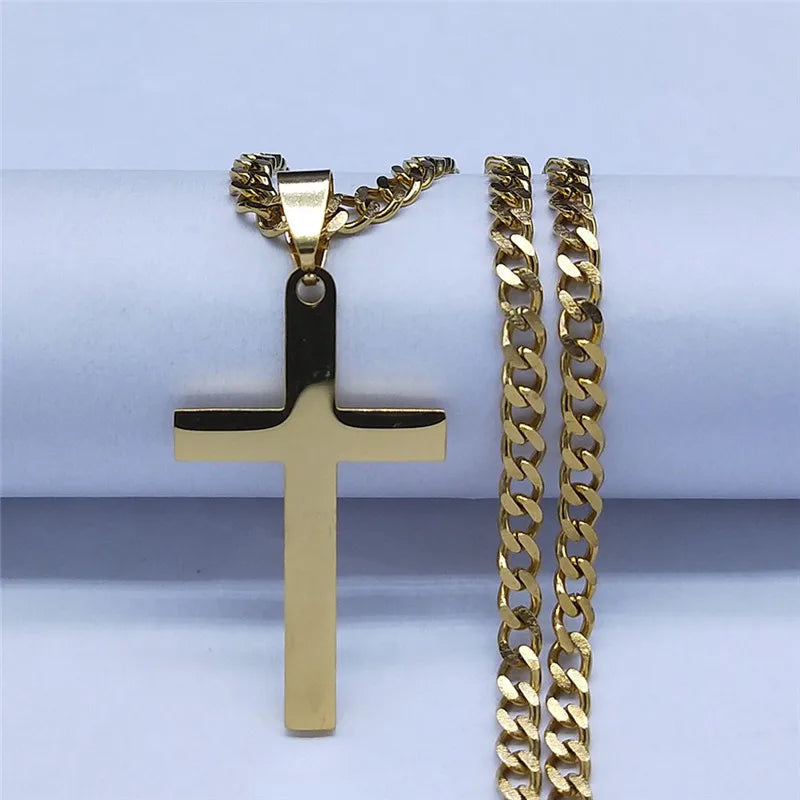 Christian Hip Hop Stainless Steel Jesus Cross Chain Necklace for Women Men Gold Color Statement Necklace Jewelry Collier Croix